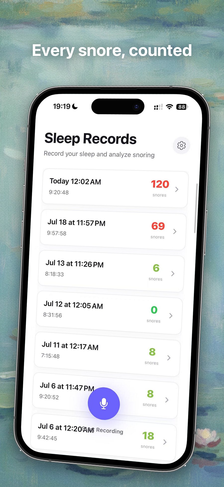 Snoreman's sleep records list, showing each night with the number of snores detected — 120, 69, 6, 0.