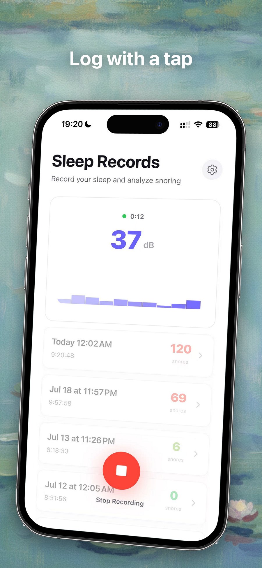 Log with a tap — a recording in progress, showing a live 37 dB reading and a level meter.